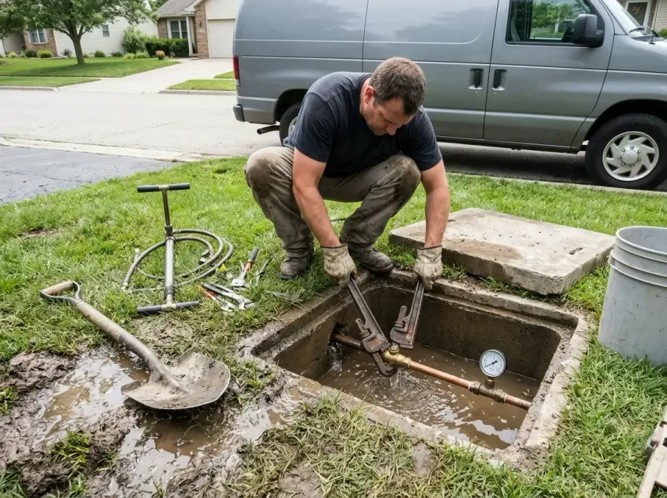 Plumber — Residential Driveway Plumber — Residential Driveway — Plumber, Service Van, Shovel, Residential Driveway, Plumbing — view 2