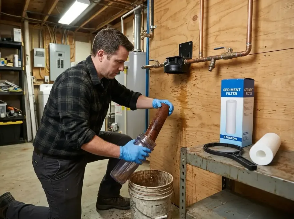 Technician — Basement Technician — Basement — Technician, Whole House Filter Housing, Used Filter Cartridge, Basement, Plumbing